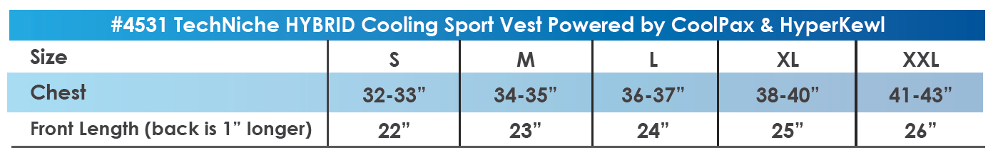4531 Hybrid Vest Size Chart 4531 Hybrid Vest Size Chart